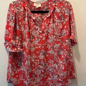 Loft Outlet paisley split neck short sleeve blouse Sz L ruffle neckline